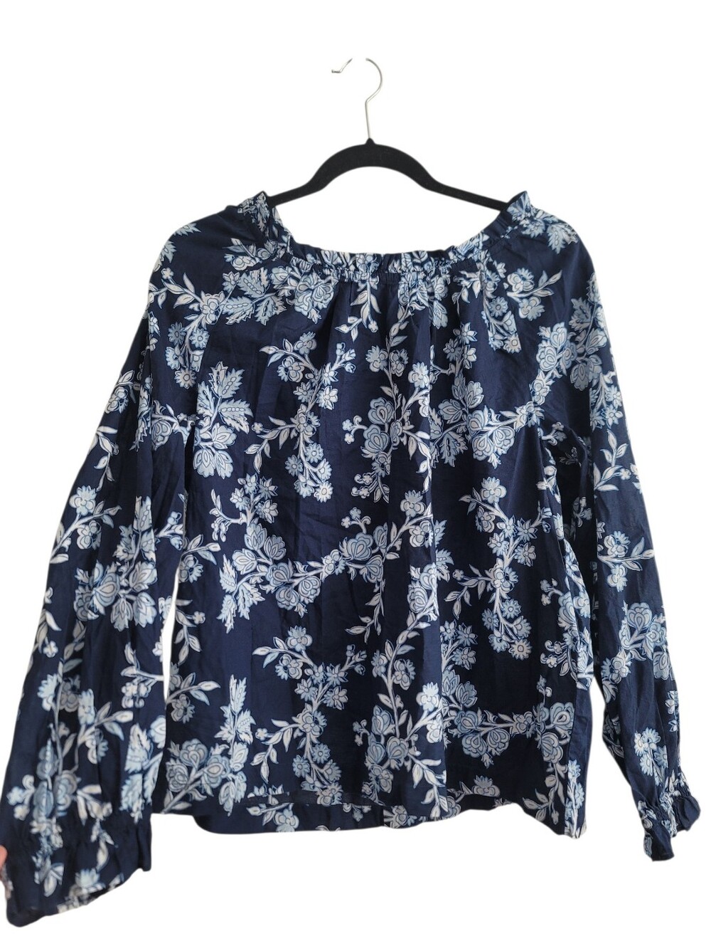 J. Crew XL Navy Blue Floral Peasant Blouse Long Sleeve Shirt 100% Cotton BP805 - Picture 2 of 10